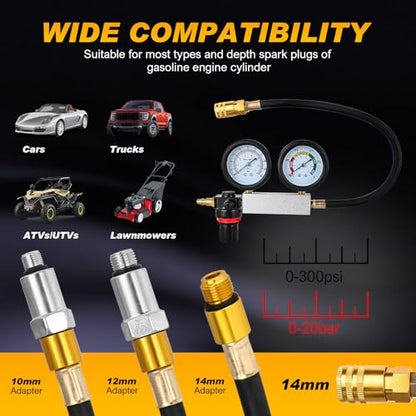 Nilight Cylinder Leak Down Tester, Gasoline Engine Compression Dual Gauge Leakdown Detector Automotive Tool Set with 10 12 14mm Spark Plugs - color: 5pcs Leak Down Tester