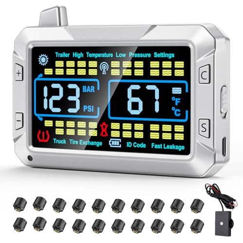 truck tire pressure monitoring system (0-188 PSI) features a signal booster, a 4.3-inch color screen, six alarm modes, and can monitor up to 43 tires for trailer rv semi truck camper (20 Sensors) - size: 20 Sensors