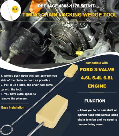 6PCS Timing Belt Tools For Ford 4.6L 5.4L 6.8L 3V Engines, Valve Spring Compressor Tool Kit, Cam Phaser Holding Tool, Timing Chain Wedge Tool, Crankshaft Positioning Holder, Cam Phaser Mount Bolt