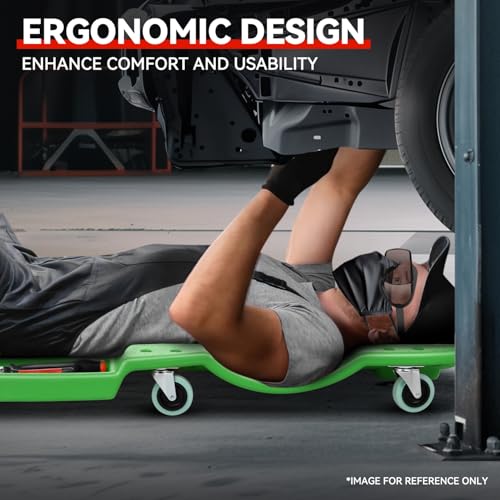 Auto Dynasty 47 Inches Mechanic Creeper, Automotive Garage Repair Low Profile Under Car Rolling Creeper with Padded Headrest, Plastic, Green - color: Green