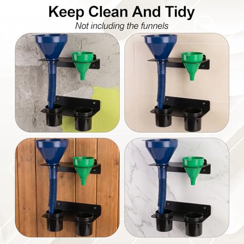 Heavy Duty 1 Pack Oil Funnel Holder – Wall Mount with 2 Removable Drip Cups, 2 Stands, 8 Screws & Anchor – Fits 3.27”/2.28” Funnels for Garage, Shop, Trailer Black Iron/PVC