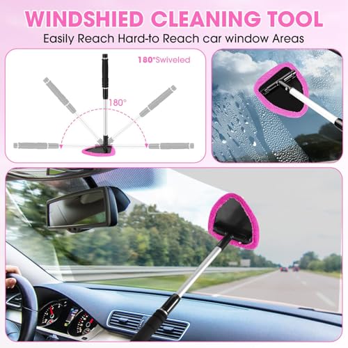 Pink Windshield Cleaner Tool, Car Interior Cleaning Kit with Extendable Handle and 3 Reusable Microfiber Pads, Auto Glass Wiper and Detailing Brush Kit for Car & Home Window - color: Rose Pink