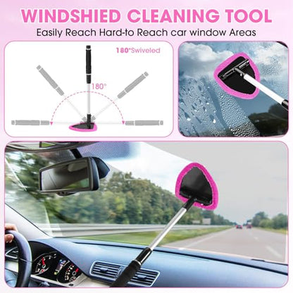 Pink Windshield Cleaner Tool, Car Interior Cleaning Kit with Extendable Handle and 3 Reusable Microfiber Pads, Auto Glass Wiper and Detailing Brush Kit for Car & Home Window - color: Rose Pink