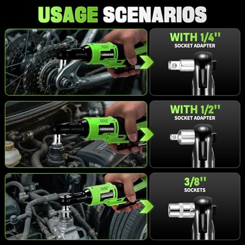3/8" Electric Ratchet Wrench Set, 12V Cordless Ratchet, Power Socket Wrench Set with Variable Speed, 6 Sockets, LED Light, 1/4" Adapter, 1/2" Adapter, 2 x 2.0Ah Battery - style: Short neck & 2 batteries