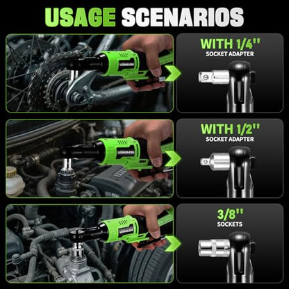3/8" Electric Ratchet Wrench Set, 12V Cordless Ratchet, Power Socket Wrench Set with Variable Speed, 6 Sockets, LED Light, 1/4" Adapter, 1/2" Adapter, 2 x 2.0Ah Battery - style: Short neck & 2 batteries