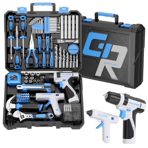 GRENPRO 188PC Blue Cordless Drill Tool Set for Wo&Men Tool Kit for Home Box | All-In-One Basic Household Tool Box, Glue Gun Accessories DIY, CR-V Steel, Sturdy Storage Case Auto Repair Kit For Men - style: Blue Power Drill Set 188PC