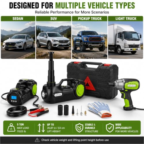 Electric Car Jack Kit 5 Ton 12V with Wrench and Tire Inflator (Black Green) | C model, 20.87 in lift, hydraulic jack, impact wrench, tire inflator, LED light, hard case