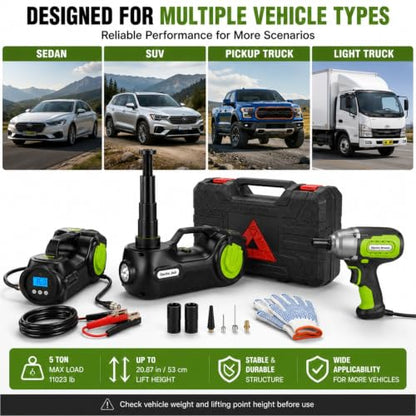 Electric Car Jack Kit 5 Ton 12V with Wrench and Tire Inflator (Black Green) | C model, 20.87 in lift, hydraulic jack, impact wrench, tire inflator, LED light, hard case