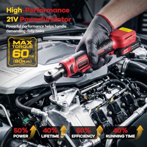 SOARFLY 3/8" Cordless Ratchet Wrench, Power Ratchet Tool Set, 60 Ft-Lbs(80N.m) Electric Ratchet Wrench with 2 * 2000mAh Lithium Batteries, 7 Sockets, LED Light, 1/4" Adapter, 3" Extension Bar - color: Deep Red