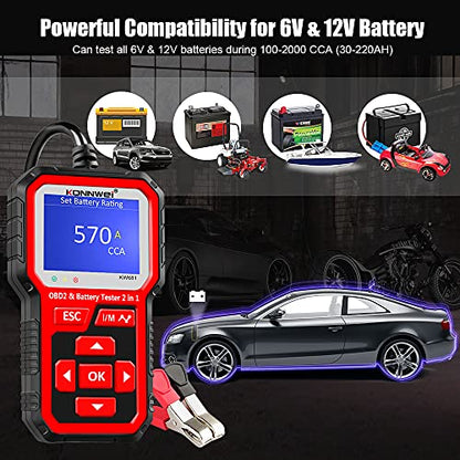 KONNWEI KW681 OBD2 Scanner 6V 12V Car Battery Tester, 2 in 1 Car Diagnostic Scanner Automotive Battery Alternator Load Tester Check Engine Code Reader Scan Tool