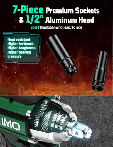 KIMO Impact Wrench 1/2 Cordless,550N.m/406ft-lbs Max Torque & 3000RPM, 2x20V 3.0Ah Battery, Impact Gun with 7 Drive Impact Sockets, 3 Inch Extension Bar, 1 Hour Fast Charger Impact Drill for Car Tires