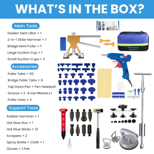 97 PCs Dent Puller Kit, PDR Tools-Car dent pop Out Tool kit | Paintless Dent Removal Kit with Golden Lifter, Bridge Puller, Slide Hammer T-Bar, Suction Cups, Glue Gun, Puller Tabs etc.