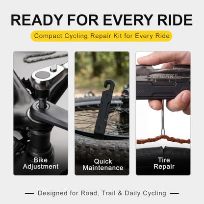 EMERK Bike Repair Tool Kit, Portable Bike Multi Tool with Ratchet Wrench, 7 Bits, Tire Levers & Tubeless Tire Plug Kit for Road, Mountain and E-Bikes