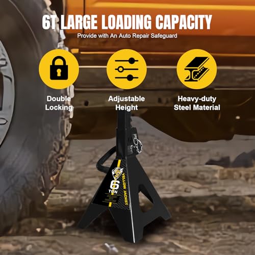 YELLOW JACKET Jack Stands 6 Ton with Double Locking for Lifting Car SUVS, Heavy Duty Steel, 13000 lb Capacity, 1 Pair, Black - color: black, size: 6 ton double locking