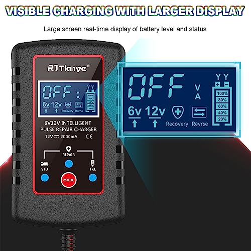 Upgraded 2Amp Car Battery Trickle Charger 6V/12V Smart Fully Automatic 3 Mode Battery Charger Maintainer, Battery Desulfator for Lawn Mower, Motorcycle, Car, Boat, Marine Lead Acid Batteries