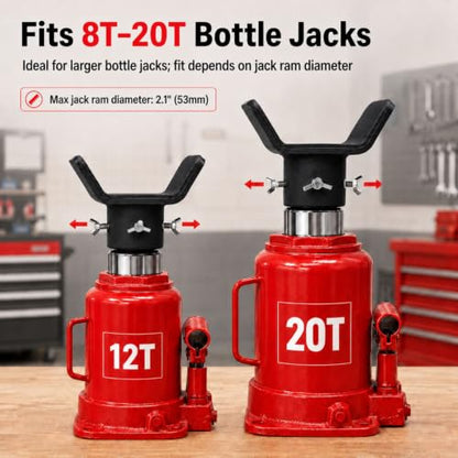 Bottle Jack Adapter with Triple-Lock, Fits 8-20 Ton Bottle Jacks up to 2.1" Ram Diameter, Heavy Duty 1/4" Steel Saddle for 3" to 5" Round Axle Tubes, for RVs, Trucks and Trailers - color: Black (10–20T)