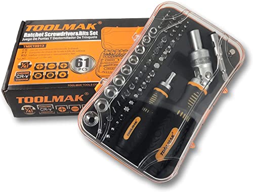 TOOLMAK 61pcs Ratcheting Screwdriver, Socket & Precision Bit Set | Cr-V Steel, Rotatable Handle, Storage Case Included, Ideal for Bike, Watch & Glasses Repair - style: 61pcs Ratchet Screwdriver