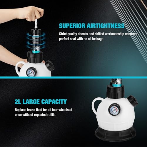 DURATECH 2L Manual Brake Bleeder Kit with 3 Master Cylinder Adapters, One Person Brake Fluid Pressure Bleeder with 1L Refilling Bottle, Large Capacity, Compatible with Most Vehicles