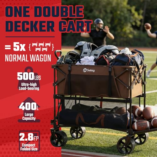 Sekey 500LBS Heavy Duty Double Decker Wagon with Extender, 400L Large Capacity Collapsible Garden Cart Fits 10x10 Canopy, All-Terrain Big Wheels with Brakes, Foldable Utility Wagon for Sports, Camping - color: Khaki