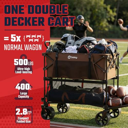 Sekey 500LBS Heavy Duty Double Decker Wagon with Extender, 400L Large Capacity Collapsible Garden Cart Fits 10x10 Canopy, All-Terrain Big Wheels with Brakes, Foldable Utility Wagon for Sports, Camping - color: Khaki
