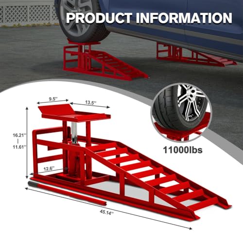 2 Pack Hydraulic Car Ramps, 5 Ton (11000 lbs) Low Profile Steel Service Ramps with Safety Valve, 3-Level Adjustable Height, Red, Heavy Duty Vehicle Lift for Garage, Truck, and Auto Repair,Red - color: Red