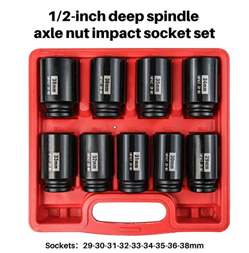 1/2" Drive Deep 6-Point Impact Socket Set/Spindle Axle Nut Impact Socket Set, Metric, Cr-Mo,29mm-38mm, 9-Piece Axle Socket Set - size: 9PC