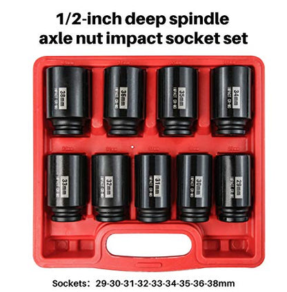 1/2" Drive Deep 6-Point Impact Socket Set/Spindle Axle Nut Impact Socket Set, Metric, Cr-Mo,29mm-38mm, 9-Piece Axle Socket Set - size: 9PC