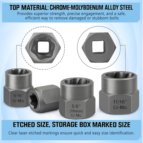 XEWEA 14PCS 3/8" Drive Impact Bolt Nut Extractor Set | Professional Stripped Bolt Remover Socket Set, Easy out Tools For Removing Damaged Broken Rounded Off Bolt & Nut, Cr-Mo Steel - size: 14PCS