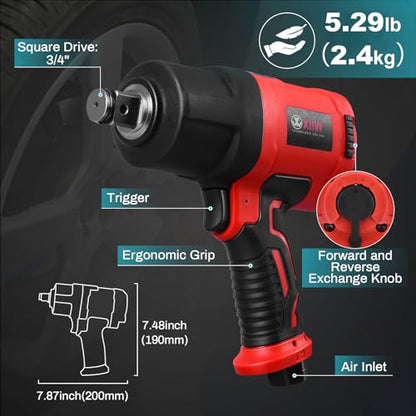 XIIW 3/4 Inch Air Impact Gun, Max Nut-busting Torque 1950 ft-lbs | Heavy Duty 7000RPM 3/4 Air Impact Wrench, Twin Hammer Pneumatic Impact Wrench for Automobile Repair - size: ‎‎3/4 inch | 1950 ft-lbs