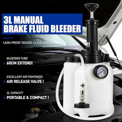 3L Brake Bleeder Kit with Pressure Pump, Brake Fluid Bleeder Kit | One-Person Operation, 1L Brake Bleeder Bottle and 4 Master Cylinder Adapters for European and American Vehicle - color: 3 L Manual Brake Bleeder Kit with 4 Adapter