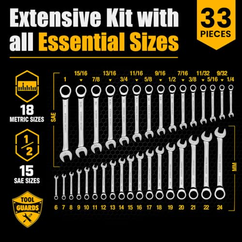 Ratcheting Wrench Set – 33-Piece SAE & Metric Combination Wrenches, 72-Tooth Chrome Vanadium, 5° Arc, Slim Profile, Dual Tool Rolls, for Mechanics & DIY - size: 33 PIECES METRIC/INCH TOOL ROLL