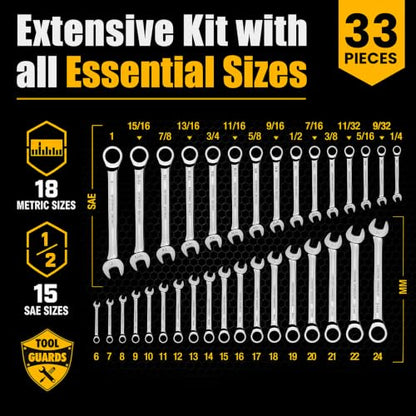 Ratcheting Wrench Set – 33-Piece SAE & Metric Combination Wrenches, 72-Tooth Chrome Vanadium, 5° Arc, Slim Profile, Dual Tool Rolls, for Mechanics & DIY - size: 33 PIECES METRIC/INCH TOOL ROLL