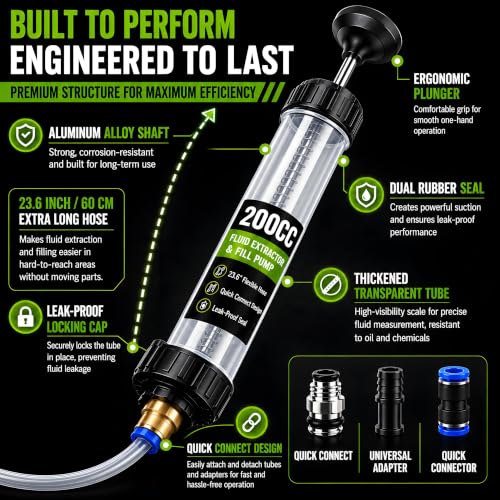 200CC Fluid Extractor Pump, Oil Extractor Pump with 2 Flexible Hoses, Manual Fluid Transfer Pump for Transmission Fluid, Brake Fluid, Coolant, Differential, Gear Oil, Automotive Fluid Extractor