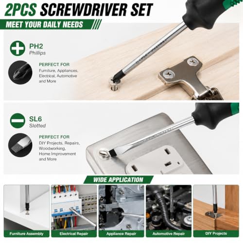 4Inch Screwdriver Set,PH2&SL6 Magnetic Screwdrivers Cushion Grip | PH2 & SL6 screwdrivers with 4-inch Blades and Ergonomic Cushion-grip Handles for Reliable Daily Use