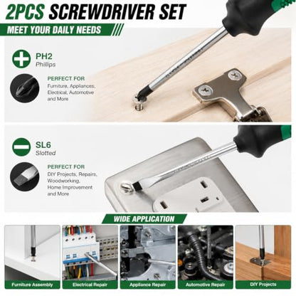 4Inch Screwdriver Set,PH2&SL6 Magnetic Screwdrivers Cushion Grip | PH2 & SL6 screwdrivers with 4-inch Blades and Ergonomic Cushion-grip Handles for Reliable Daily Use
