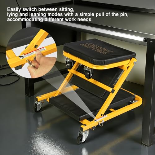 YELLOW JACKET Garage Creeper Seat, 2-in-1 Mechanic Creeper, 36 Inches Foldable Z Garage Seat with 6 PCS Wheels, 330 LBS Capacity Rolling Automotive Creeper Lay Down or Sit for Shop, Auto Repair
