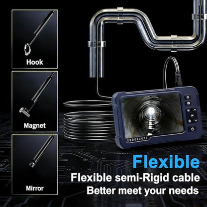Endoscope Camera with Light 1920P HD Three Lens Borescope with 8 LED Lights, IP67 Waterproof Snake Sewer Tools 5" Inspection Camera,16.4ft Semi-Rigid Drain Endoscope (16.4FT Three Lens-Blue) - size: 16.4FT Three Lens-Blue