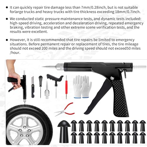 Tubeless Tire Gun Puncture Repair Kit with 36 Mushroom Plugs, for Tire Punctures and Flats on Cars, ATV, Trucks, Motorcycles & Tractors,Quick Repair, Airtight Seal（Black） - size: Gun Kit+ 36 Plugs