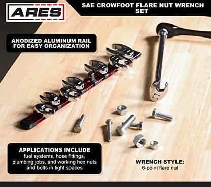 ARES 33011 – 8-Piece SAE Flare Nut Crowfoot Wrench Set – 3/8-Inch Drive Flare Nut Crowfoot Wrenches from 3/8-Inch to 7/8-Inch - Includes Storage Rail - size: 8-Piece SAE Flare Nut Crowfoot Wrench Set