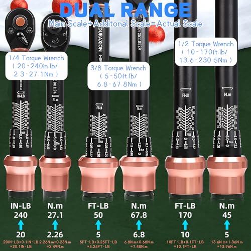 Torque Wrench Set 1/4 3/8 1/2-Inch Drive 20-240in.lb 5-50&10-170ft.lb | Dual Range Scales ±3% Precision 72 tooth Dual-direction Torque Wrenches for Bike Motorcycle Car and Truck Maintenance - size: 【1/4 3/8 1/2-Inch DR.20-240IN.LB,5-50,10-170FT.LB】