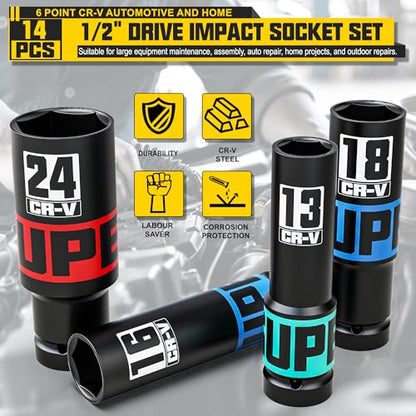 14-Piece 1/2" Drive Impact Socket Set, 10-24mm Thicker Deep Sockets with Storage Case and 1/2 to 1/4 Impact Wrench Adapter, Metric 6 Point Socket Set for Automotive and Home - size: 1/2" 14pcs Metric Deep