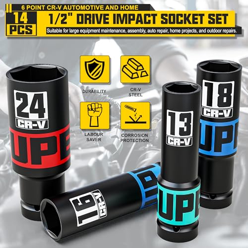 14-Piece 1/2" Drive Impact Socket Set, 10-24mm Thicker Deep Sockets with Storage Case and 1/2 to 1/4 Impact Wrench Adapter, Metric 6 Point Socket Set for Automotive and Home - size: 1/2" 14pcs Metric Deep