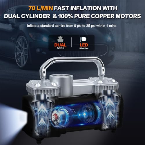 GSPSCN Heavy Duty Tire Inflator 12V Portable Toolbox Air Compressor Pump | with Tire Repair Kit,6X Faster Inflation Dual Cylinder Air Pump LED Light for Cars,SUV,Truck,Pickup,Balls,RV,Van,Camper