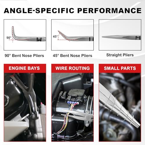 11" Extended Needle Nose Pliers Set, 6-Piece Hose Grip Pliers with Bent & Straight Jaws, Carbon Steel for Tight Spaces