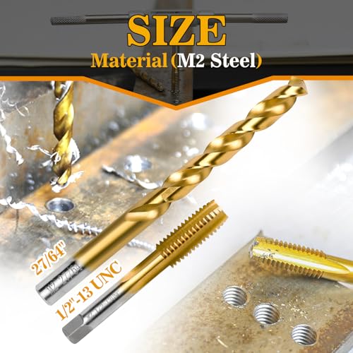 1/2"-13 UNC Tap and 27/64" Drill Bit for Metal, M2 HSS Drill and Tap Set | Combination of Drill and Tap Kit for Metal - size: 1/2"-13 UNC Tap - 27/64" Drill