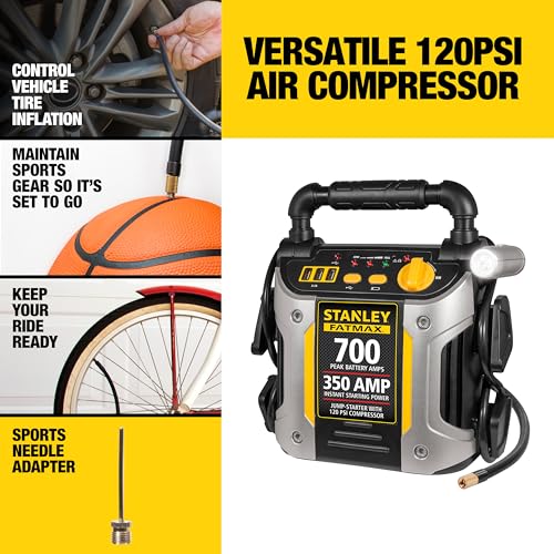 Stanley J7CS 700 Peak Amp Automotive Jump Starter, Portable Power – Triple 15W USB Ports, 120 PSI Air Compressor - size: 700 Amps