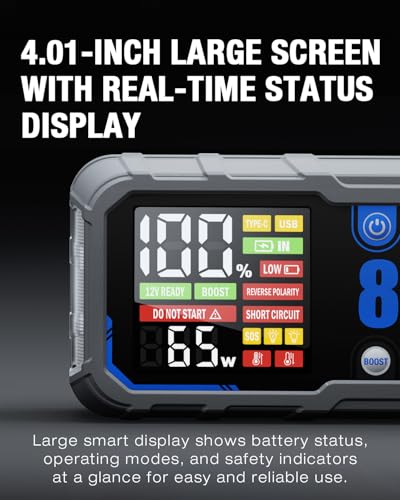 Portable 8250A Car Battery Jump Starter with PD-65W (for All Gas or 10.0+L Diesel), 12V Potable Car Jump Start with 4.01 inch HD Screen, 2 USB Power Bank 24-Months Stand-by Time - size: 8250A+65W