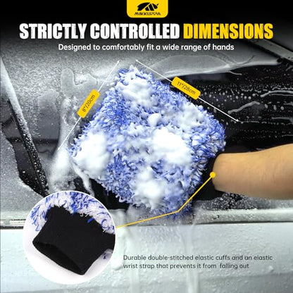 MIKKUPPA Microfiber Car Wash Mitt, Blue, 2 Pack, 11" x 8" | Double-Sided Ultra Absorbent Scratch Free Premium Blend Glove for Car Washing Home Cleaning - color: Blue