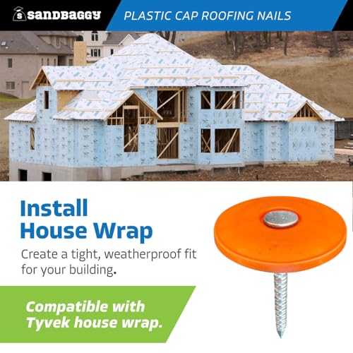 Sandbaggy 1" Plastic Cap Roofing Nails - Ring Shank, Electro Galvanized - Roof Underlayment, Felt Paper, House Wrap, Tar Paper (300)