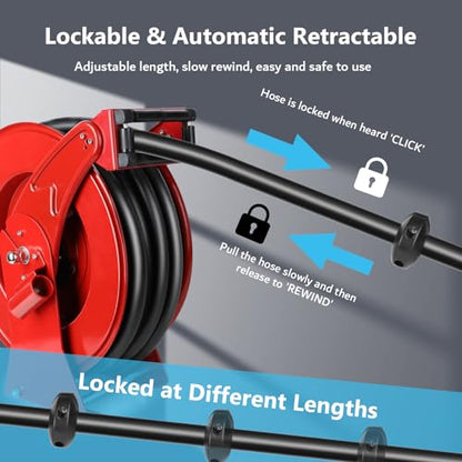 3/4” x 50ft Fuel Hose Reel Retractable with Fuel Nozzle, 3/4 Inch Diesel Fuel Transfer Hose, Auto Swivel Rewind, Max 300 PSI Tank Pump Hose, Easy Use for Farms Boat Truck Bed Trailer Cart - color: Red, size: 3/4" x 50ft
